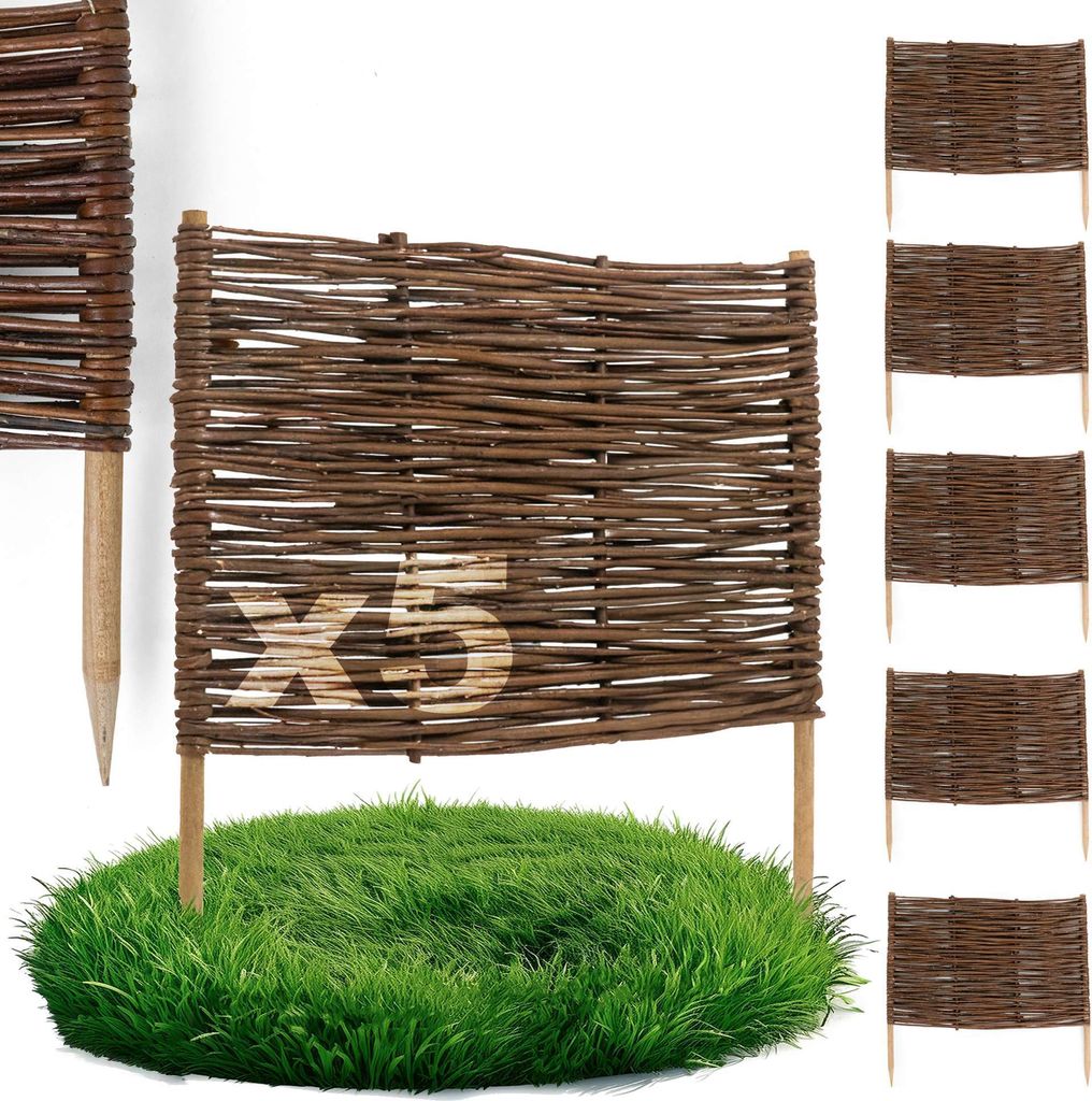 5 x BOGATECO Beeteinfassung aus Weide | 60 cm Lang & 40 cm Hoch | Holz-Zaun Rasenkante | Weiden-Zaun Steckzaun