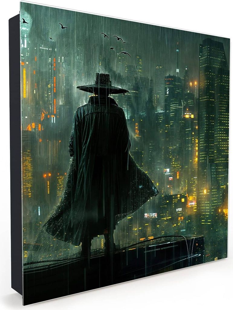 Nachbildung-Schlüsselkasten, Magnetpinnwand und Memoboard mit Glasfront Motiv Regenmantel Stadt