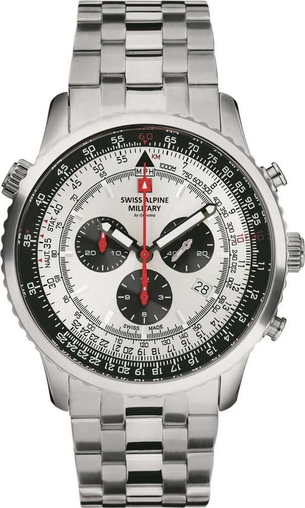 A close-up, front-facing studio shot of a Swiss Alpine Military chronograph watch against a white background.