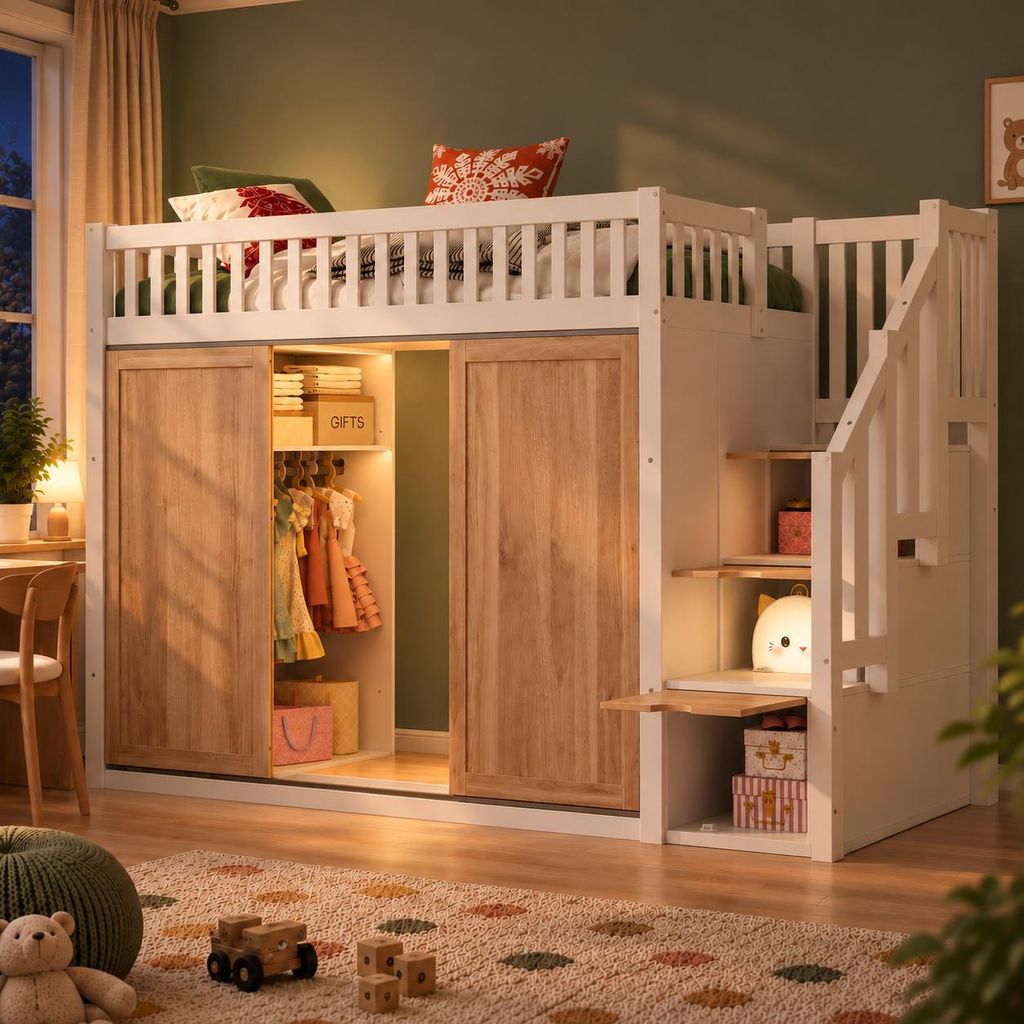 Hochbett 90 x 200 cm mit Kleiderschrank, Treppenschrank, Produktbild  KI-generiertes Bild
