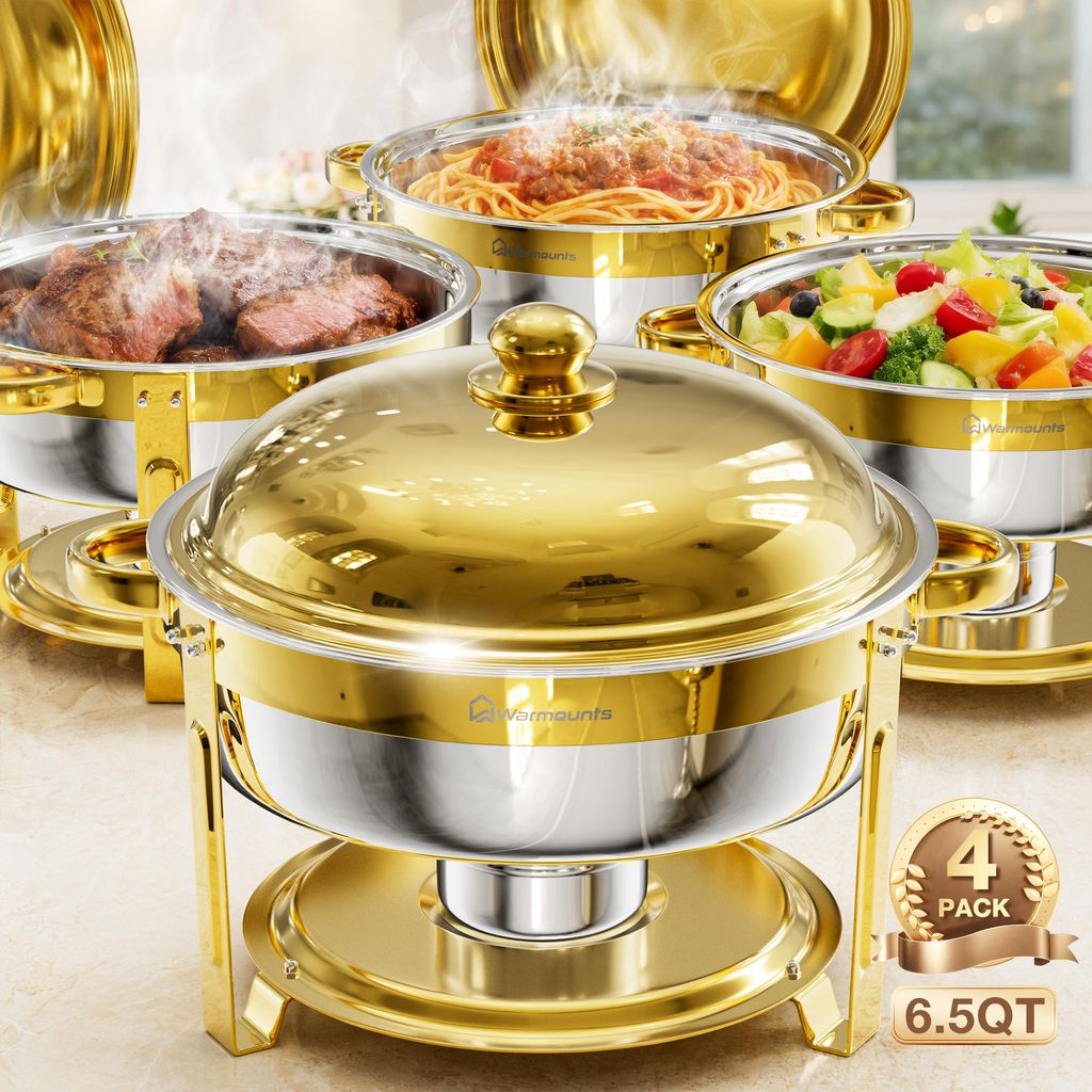 WARMOUNTS Chafing Dish 4er Set 6,5QT Buffet Warmhalter Buffetwärmer-Sets aus Edelstahl Rund mit Deckelhalter Stapelbar Catering Hochzeit Party, Gold