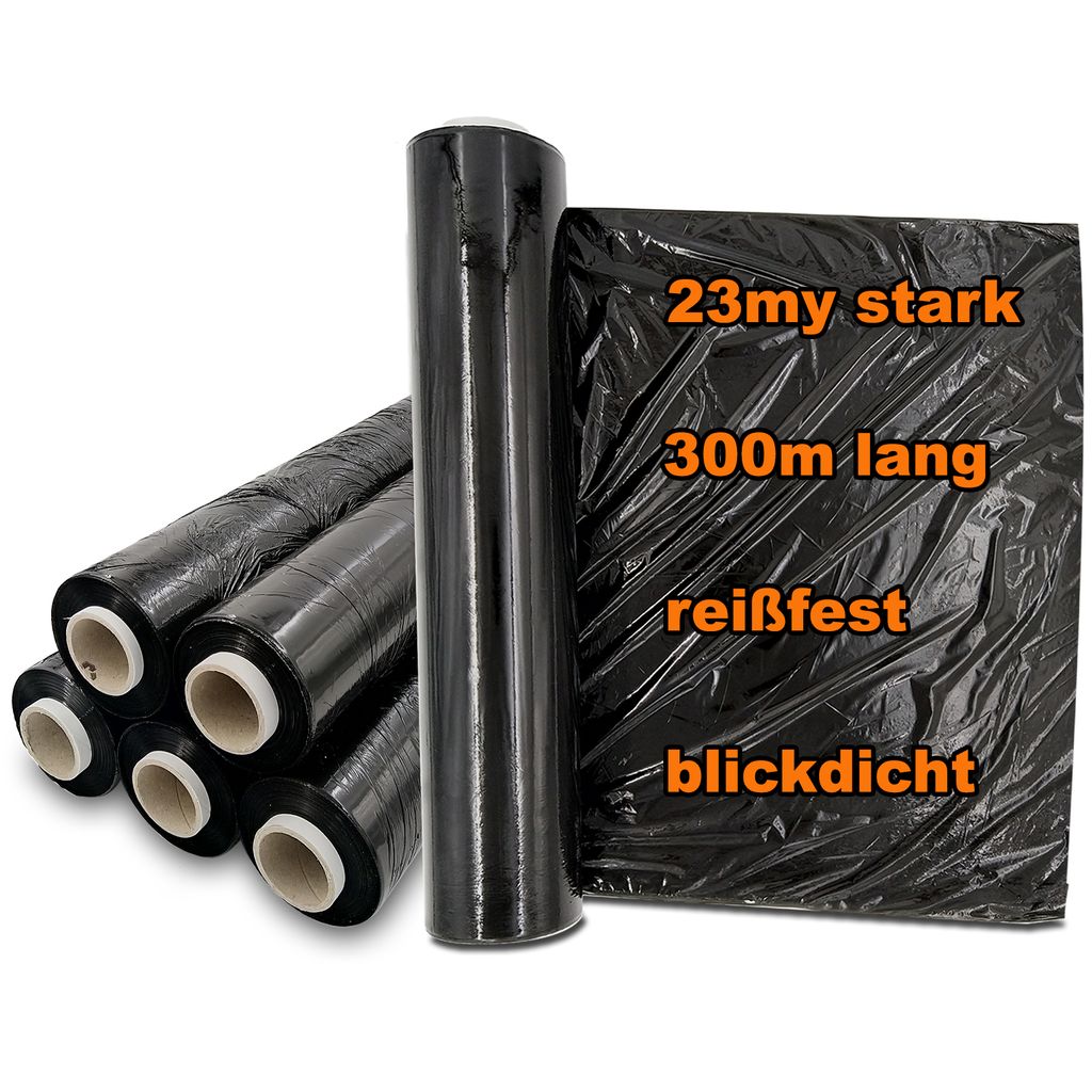 6 x Rollen Stretchfolie schwarz 23my Wickelfolie Palettenfolie 500mm 1,5 kg 