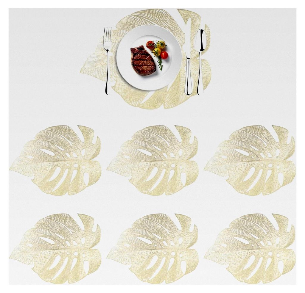 Blatt-Tischset, 6-teiliges Isoliertes Tischset mit Hohlraum-Simulation, Blattform, Hitzebeständige PVC-Tischmatte für Küchentische, Gold