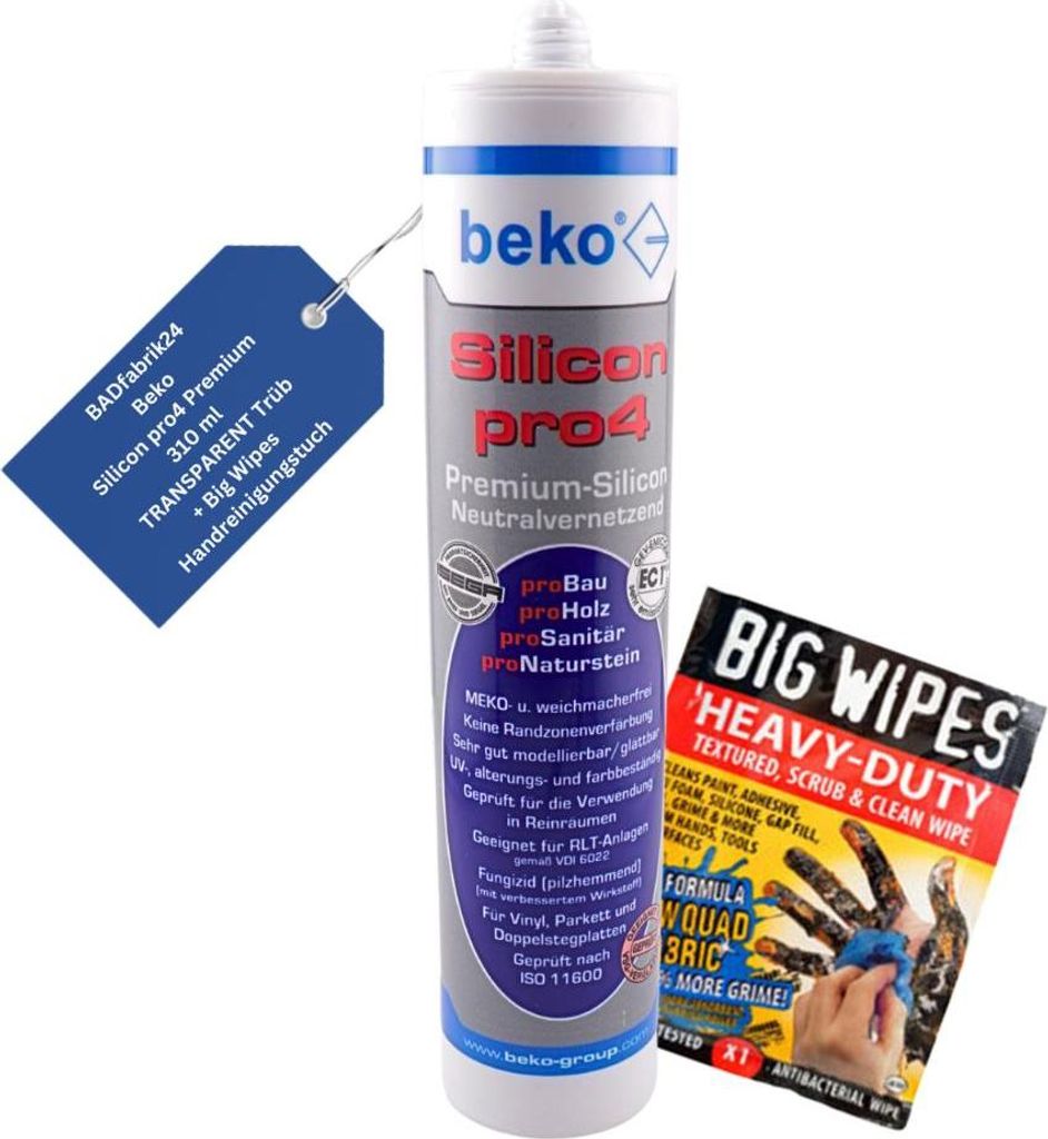 BADfabrik24 Beko Silicon pro4 Premium 310 ml TRANSPARENT TRÜB + Big Wipes Handreinigungstuch