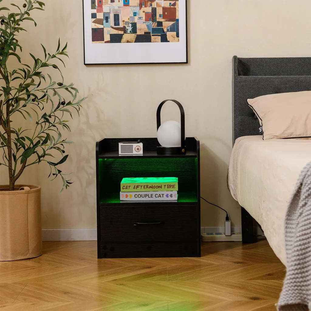 Table de chevet avec LED et rangement ouvert table basse noire design