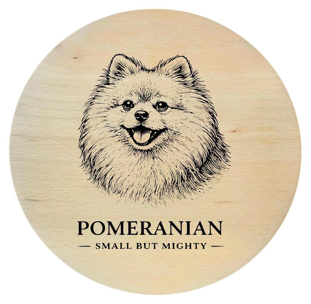 Buchenholzbrett mit Hundegravur – Pomeranian, rund 25 cm