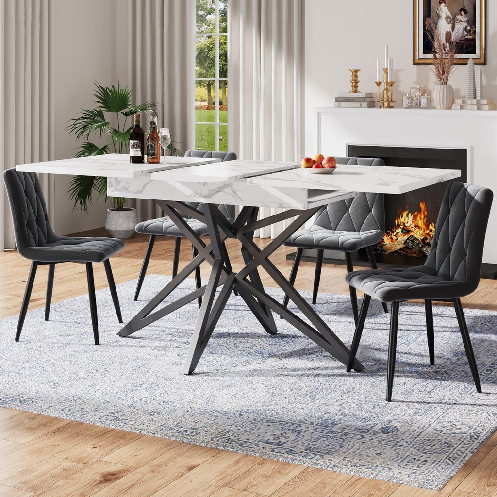 Sweiko Esstisch-Set (120/160 × 68 cm Esstisch mit 4 Stühlen), ausziehbarer Esstisch, modernes Küchen-Esstisch-Set, Esszimmerstühle, dunkelgraue...