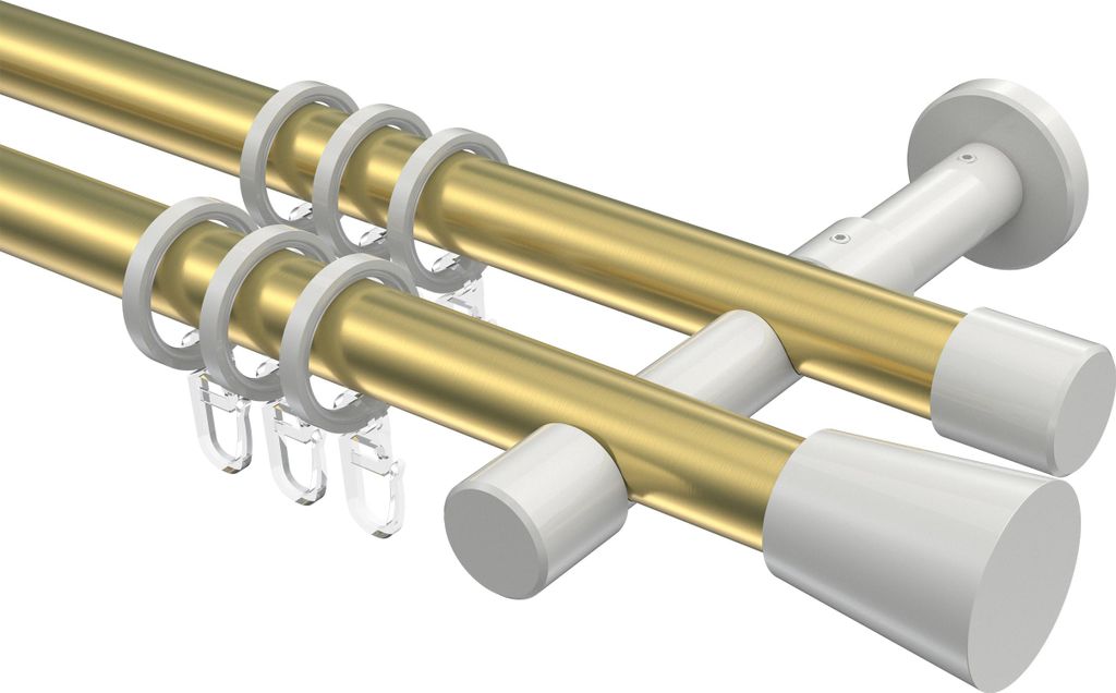Interdeco Gardinenstange / Vorhangstange Messing-Optik / Weiß, Typ Prestige Sitra (Konus), 20 mm Ø 2-läufig, 100 cm