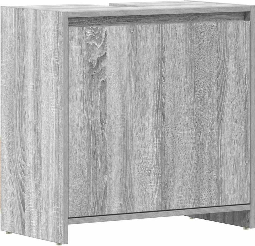 A close-up, angled view of a gray wood-effect cabinet with two doors.