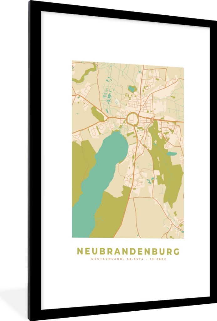 MuchoWow Gerahmtes Poster Karte - Neubrandenburg - Stadtplan - Vintage 60x90 cm - Poster mit Schwarzem Bilderrahmen Wandposter Rahmen Foto Bilder...