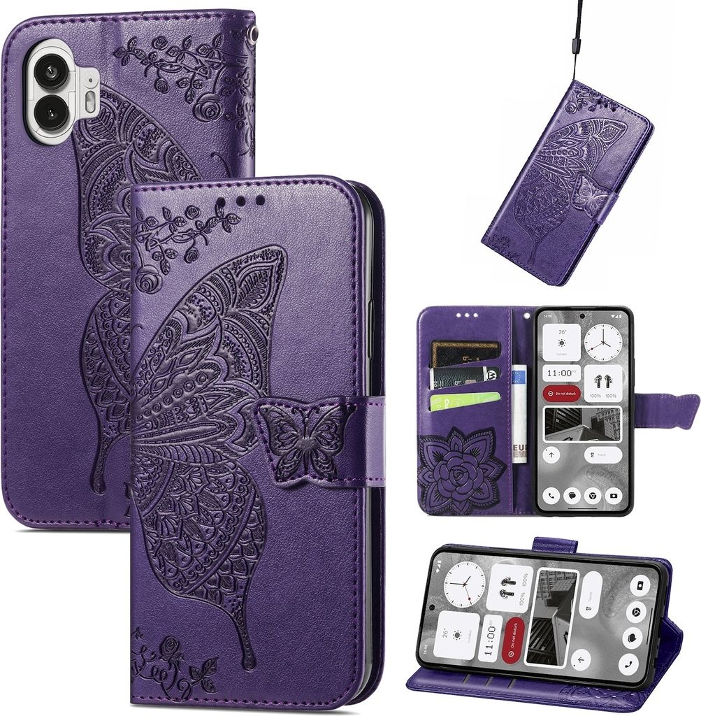 Für Nothing Phone 2 Kunstleder Wallet Handy Tasche Schmetterling Design Hülle Etuis Lila