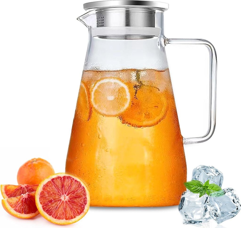 Glaswasserkan mit Edelstahldeckel - 2,3 Liter - Griffe - Filter