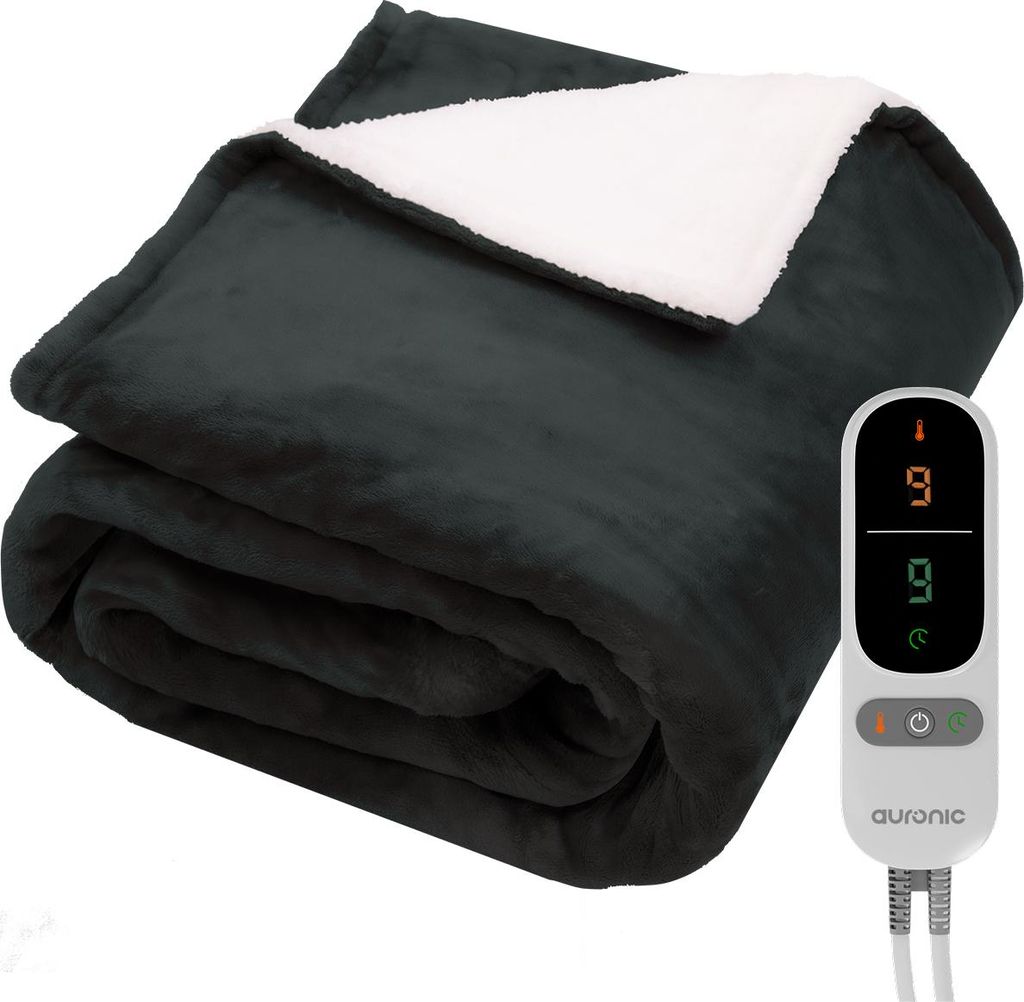 Auronic Elektrische Heizdecke - 200 x 180 cm - 2 Personen Wärmedecke - 9 Wärmestufen und Timer - Kuscheldecke - Sherpa Fleece - Anthrazit