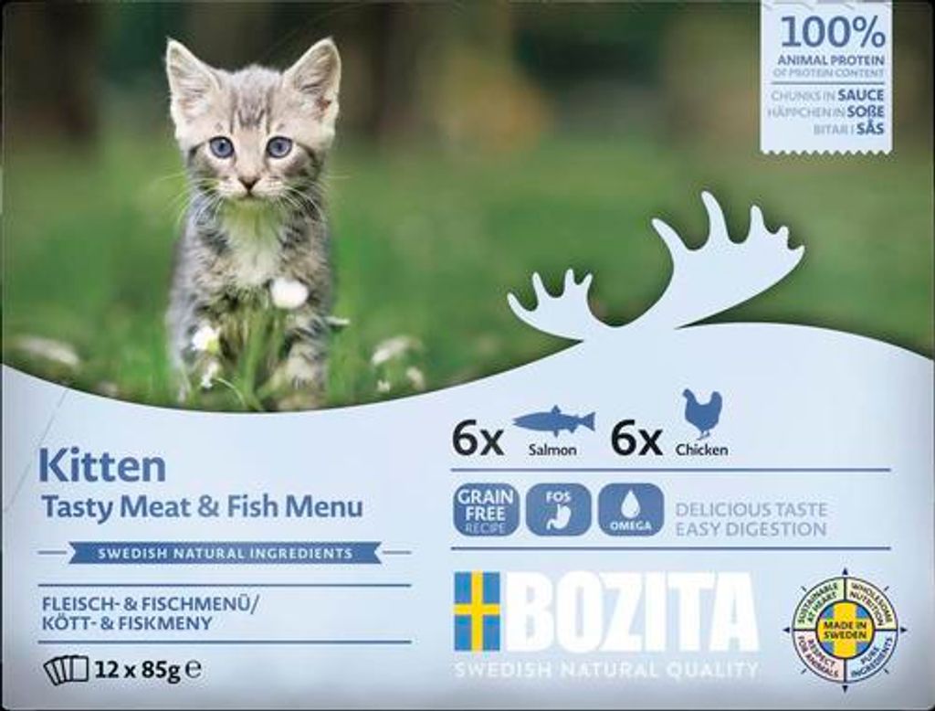 Katzenfutter nass BOZITA Tasty Meat & Fish Menu Kitten Fisch & Fleisch Häppchen in Sauce Multibox 12 x 85 g Lachs und Hu