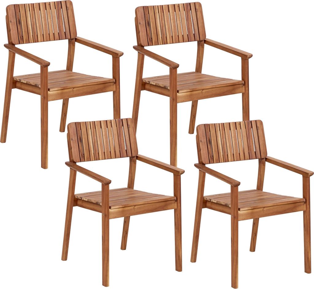 BELIANI Gartenstuhl 4er Set Hellbraun Akazenholz mit Armlehnen Hohe Rückenlehne Lattenoptik Stapelbar Runstikales Design Outdoor Terrasse Garten