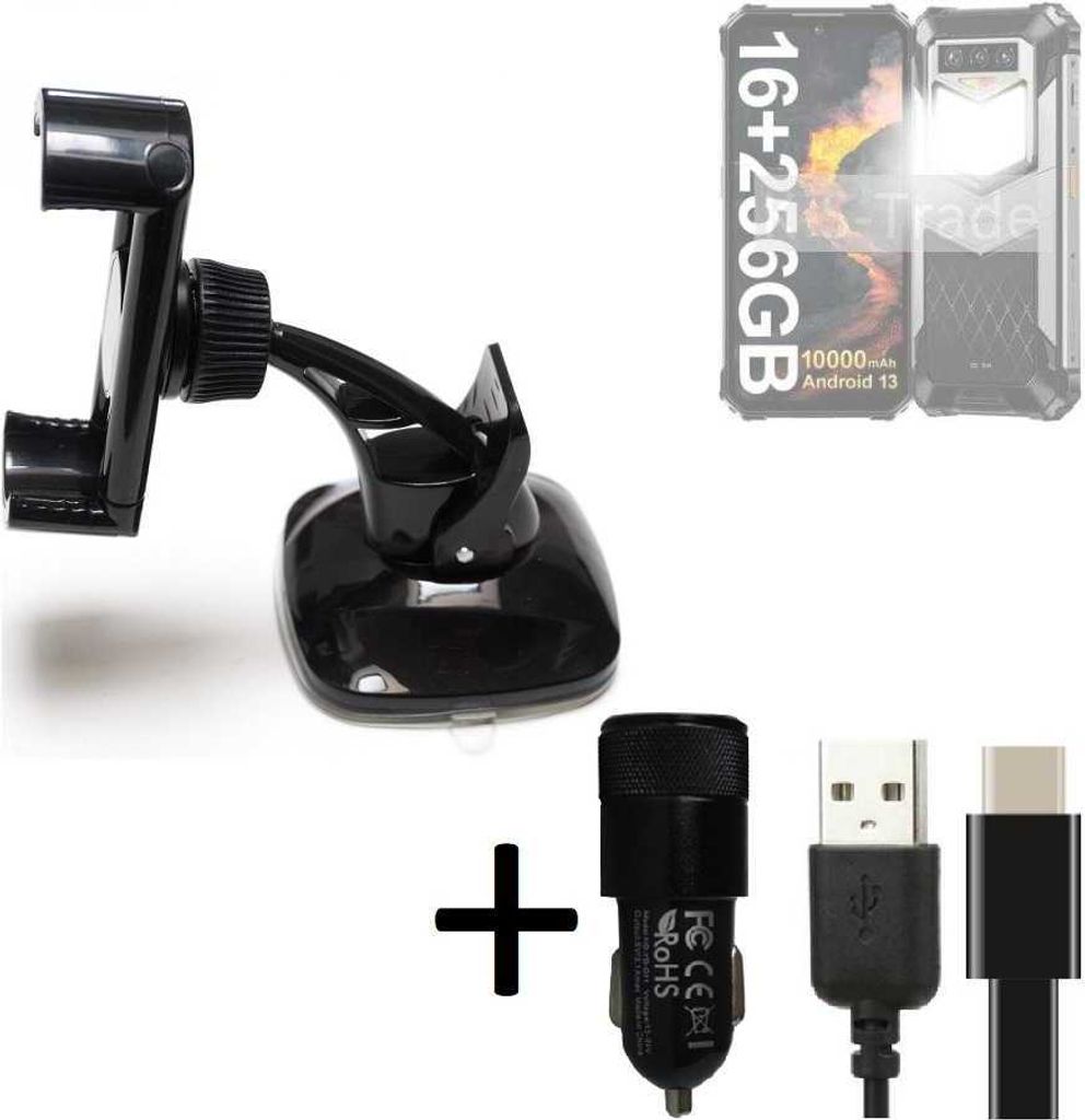 K-S-Trade Handy-Halterung kompatibel mit Oukitel WP26 Windschutzscheibe / Armaturenbrett + LADEGERÄT mit Mico USB Kabel Autohalterung