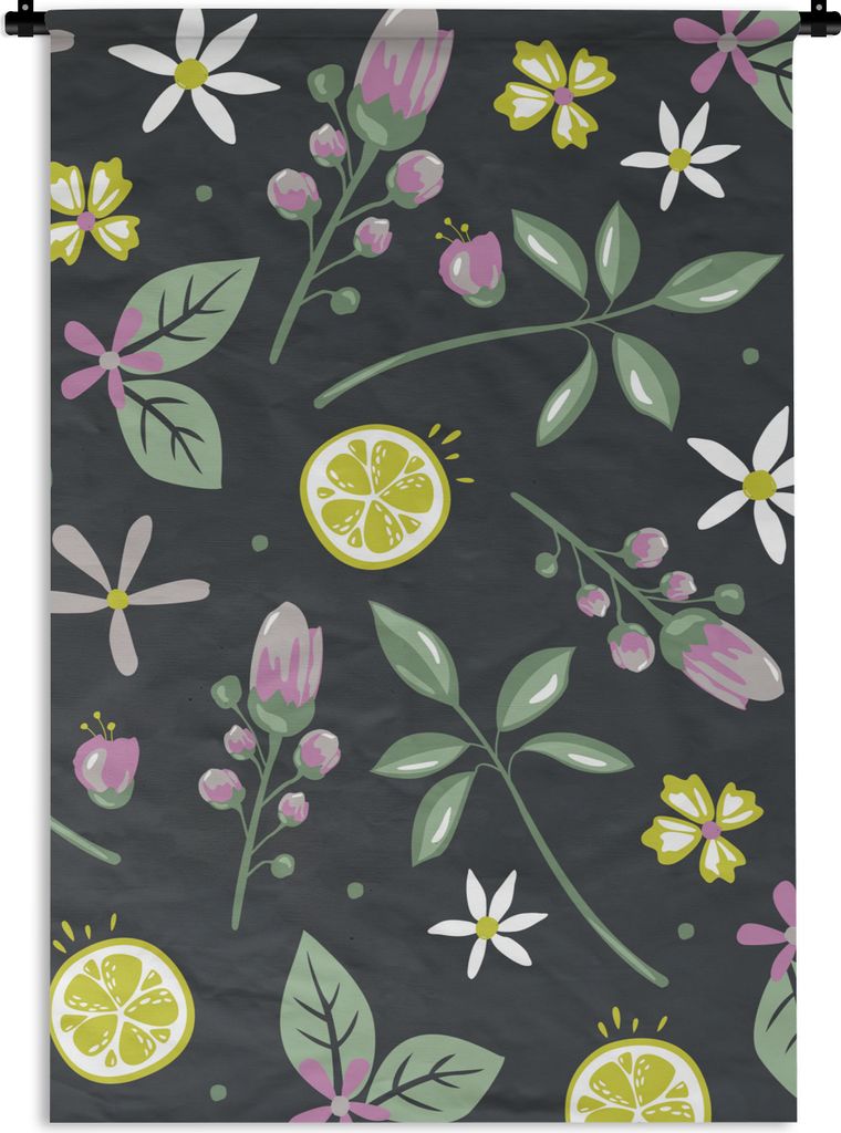 MuchoWow Wandteppich Wandbehang Sommer - Blumen - Obst - Schwarz 60x90 cm Tapisserie Dekoration Wandtuch - Foto-Teppich - Abwaschbar