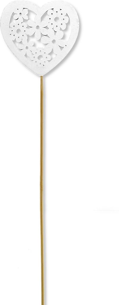 Holz Blumen-Stecker Herz mit Blümchen weiß 7 x 35cm Dekostecker Blumenstab Herzstab Holzstecker
