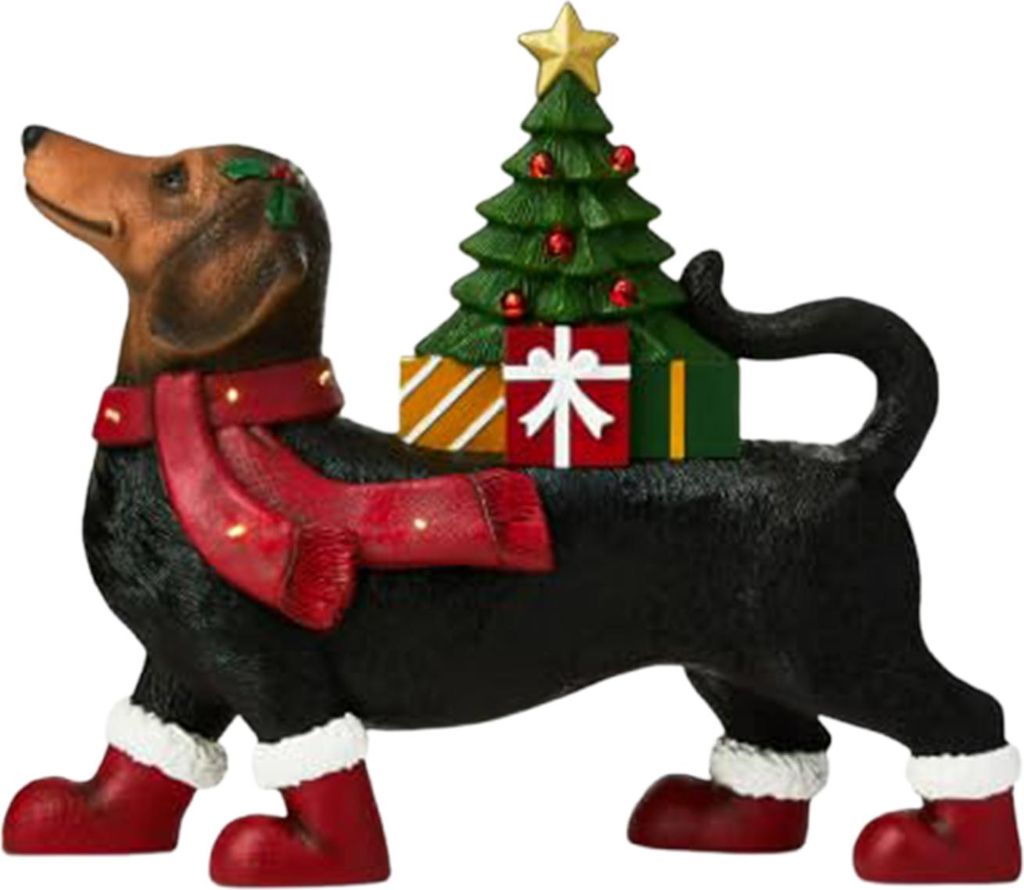 Beleuchtete Dackel-Weihnachtsdekoration, Dackel-Ornament aus Kunstharz mit Schal und Stiefeln, beleuchteter Baum, niedliche Dackelfigur für festli...