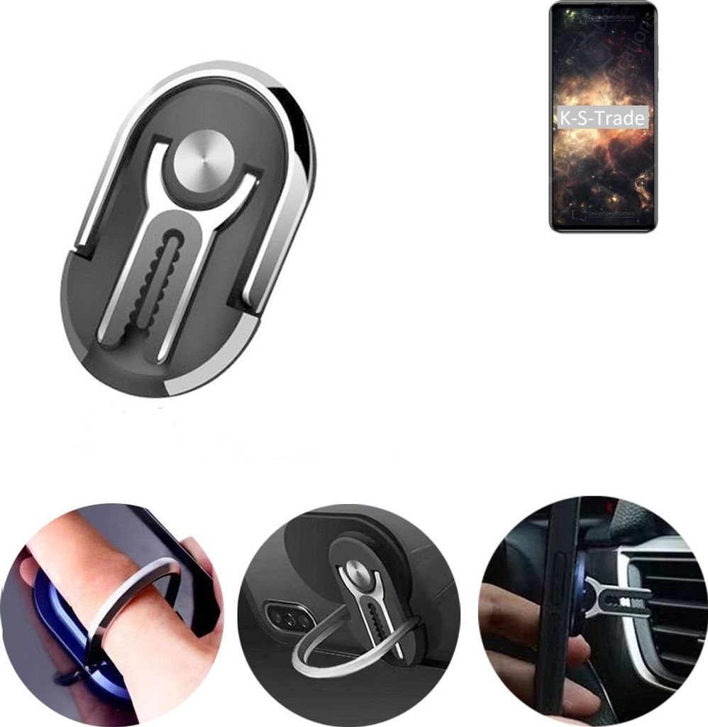 K-S-Trade 3in1 Smartphone-Ring Handy-Ring kompatibel mit Cubot Max 2 Fingerhalterung Handyring Tischständer Lüftungsgitter-Halterung Tisch Ständer