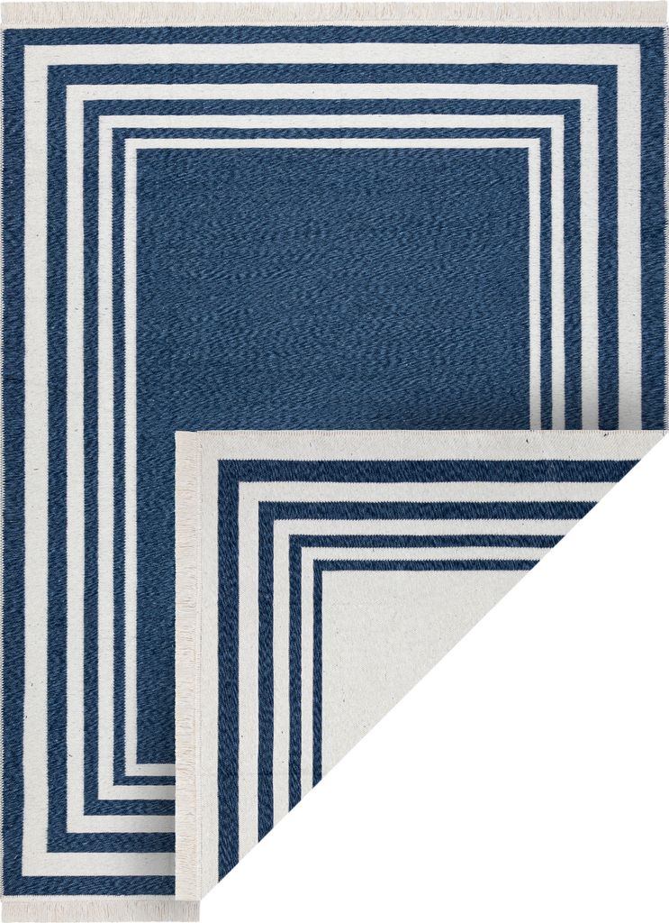 Teppich TWIN 22990 Rahmen, Baumwolle, doppelseitig, Rauten Ökologische Fransen - dunkelblau / creme Blau 80x150 cm