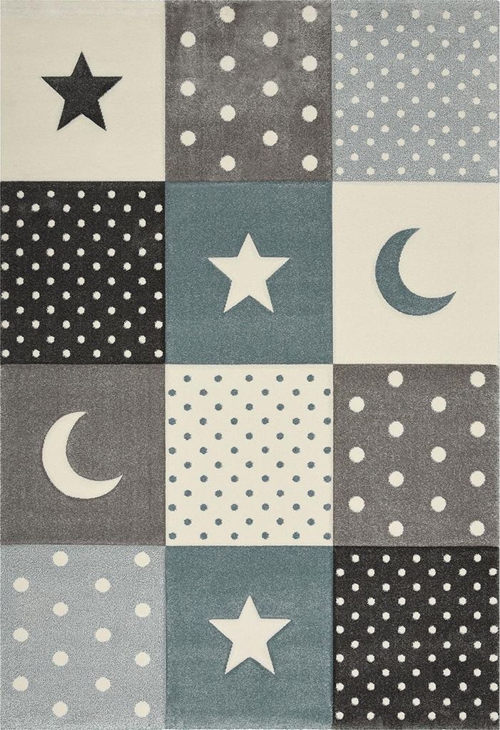 Kinderteppich Babyzimmer Mond Stern Punkte Pastel Blau Grau