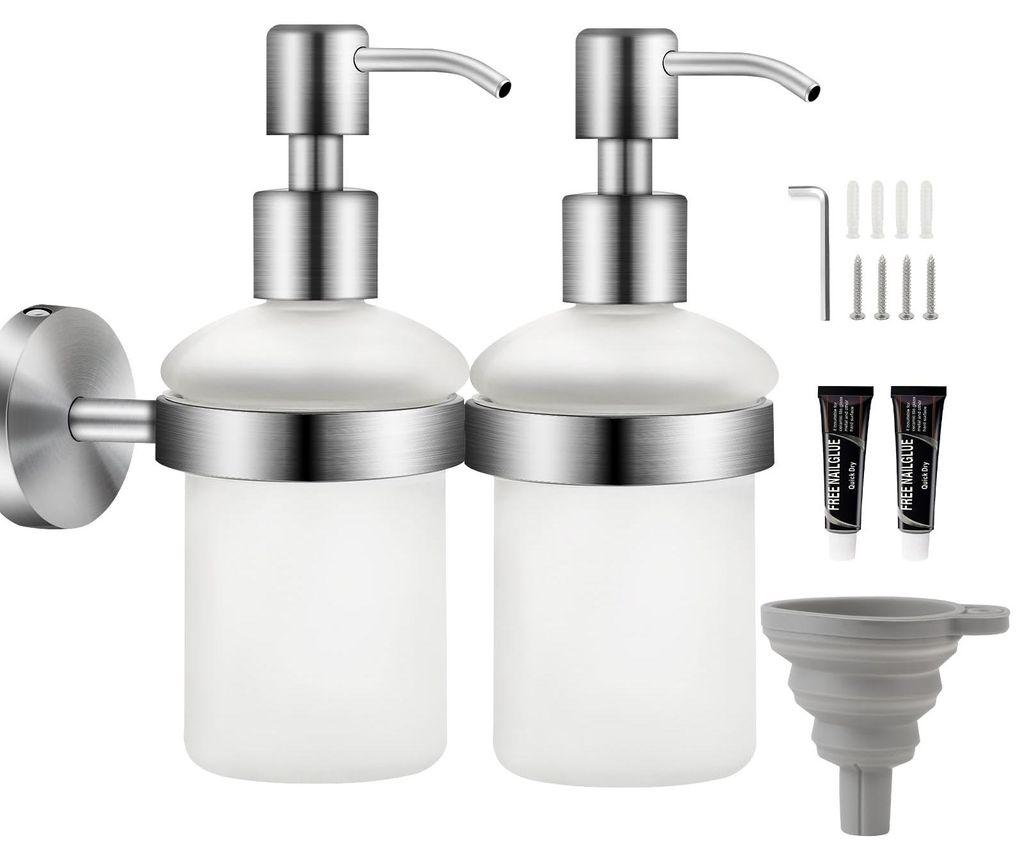 2-teiliges Wandseifenspender-Set, kein Bohren erforderlich, selbstklebend, Edelstahl 304, 200 ml, verchromte Flasche aus satiniertem Glas, Handdesi...