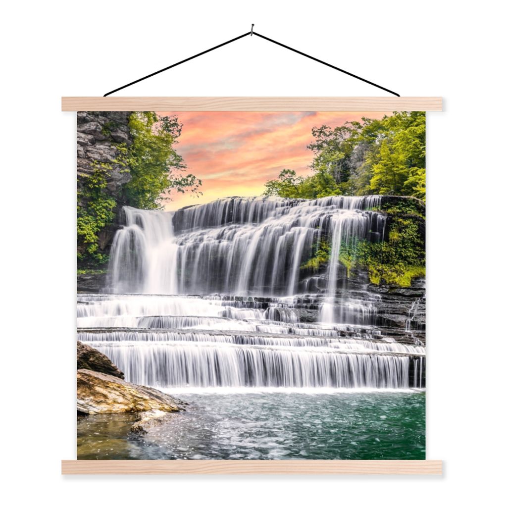 MuchoWow Textilposter Wasserfall - Wasser - Steine - Pflanzen - Natur 60x60 cm mit holzfarbenen Rahmen - Wanddekoration