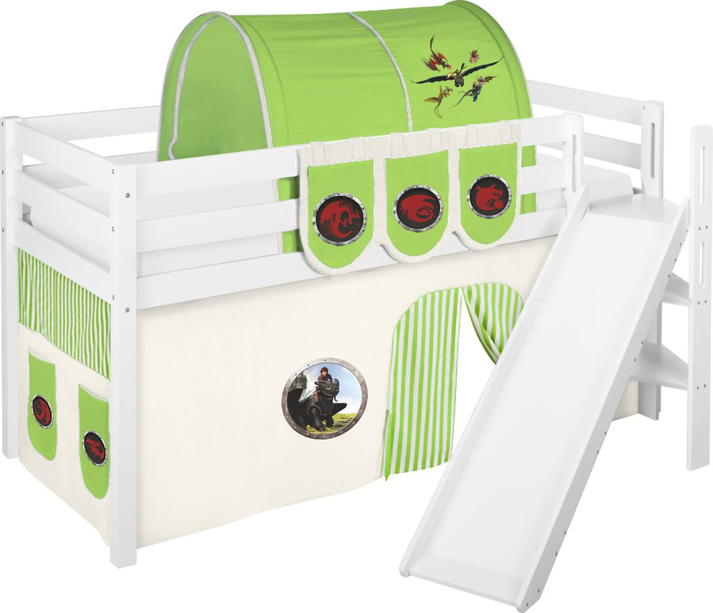 Spielbett JELLE 90 x 200 cm Dragons Grün - Hochbett LILOKIDS - Weiß - mit schräger Rutsche und Vorhang