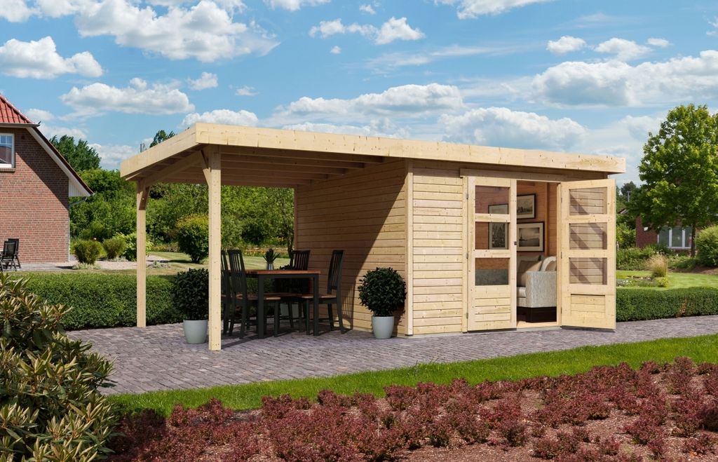 Karibu Gartenhaus Gerätehaus Askola 6 im Set mit Anbaudach 2,40 m Breite naturbelassen 522x306x216 cm