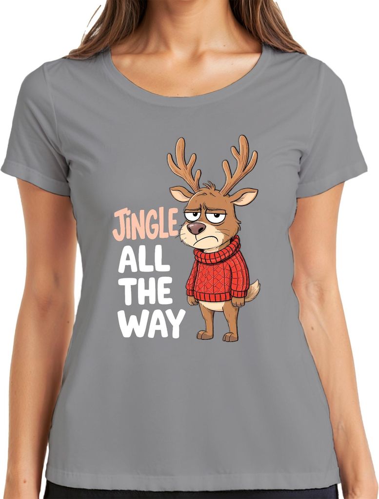 Jingle All The Way mürrisches Rentier Weihnachten Cartoon lustig Damen T-Shirt, Grau, XXL