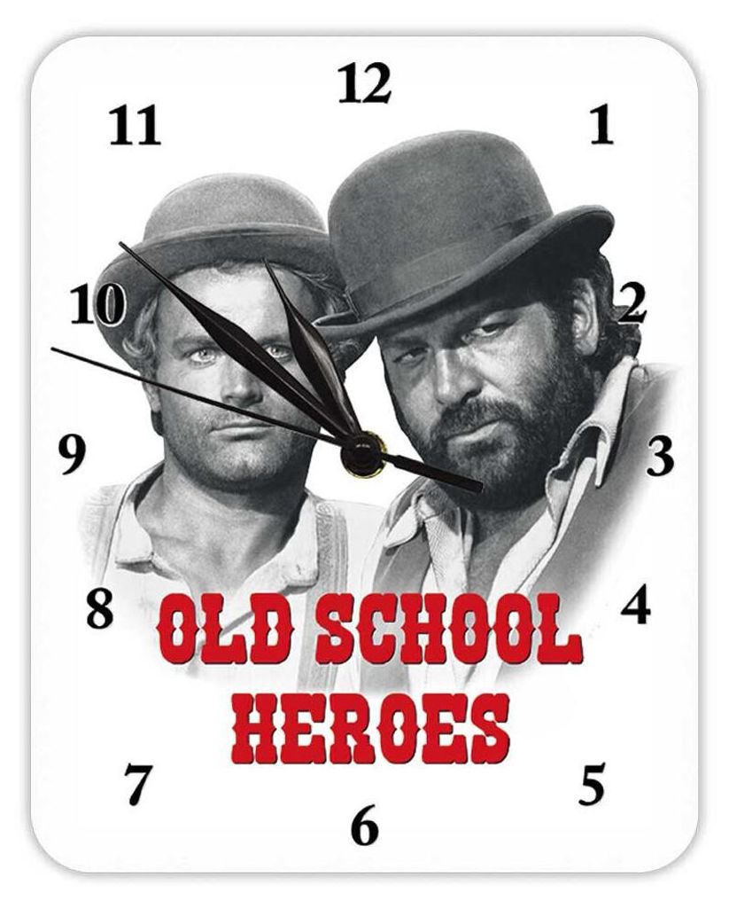 A clock featuring a black and white image of Bud Spencer and Terence Hill with the text 'OLD SCHOOL HEROES' on it.