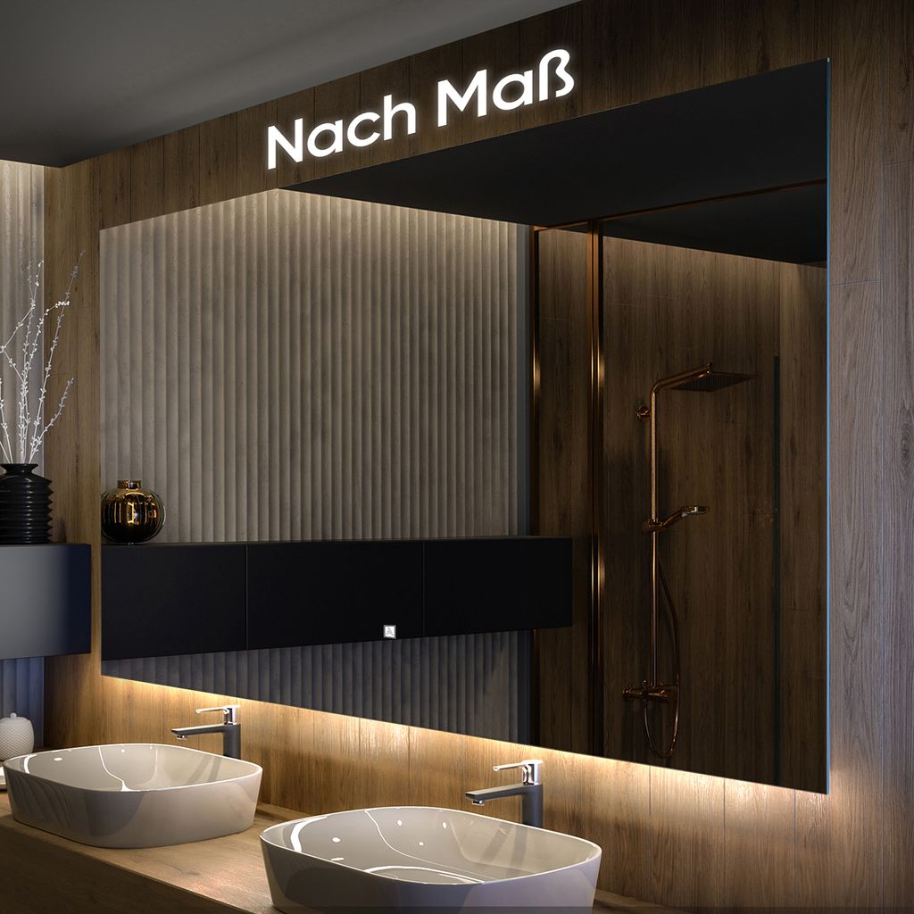 A modern bathroom vanity with two sinks and a large illuminated mirror.