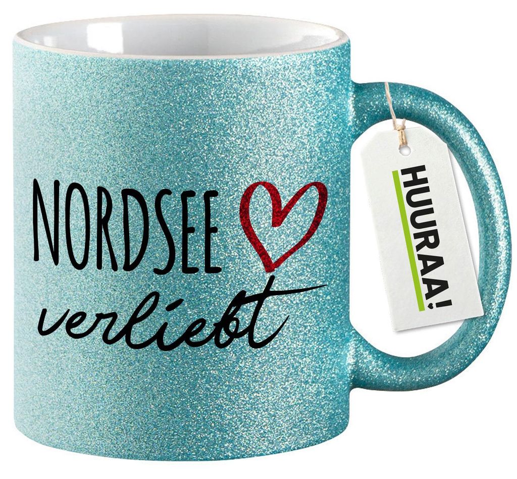Huuraa Glitzertasse Nordsee verliebt 330ml Blau Keramik Kaffeebecher Geschenkidee
