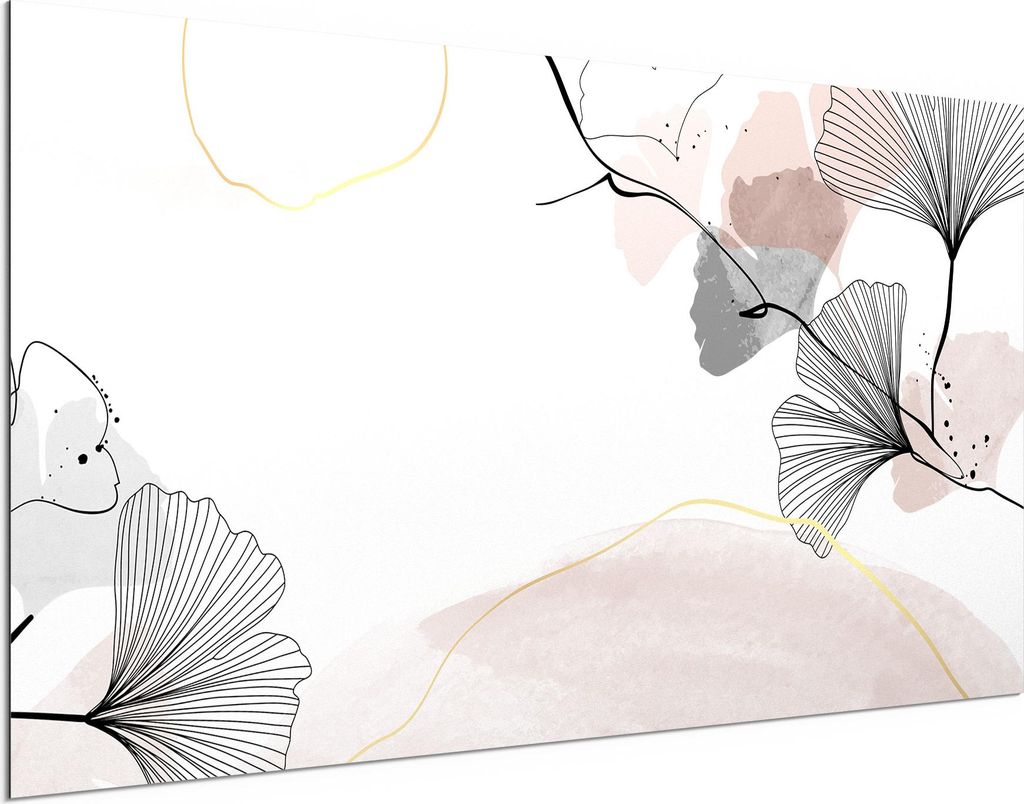 DEQORI Alu-Dibond Bild Weiß 100x50 cm 'Dekorativer Gingko-Banner' Wandbild Metall dünn