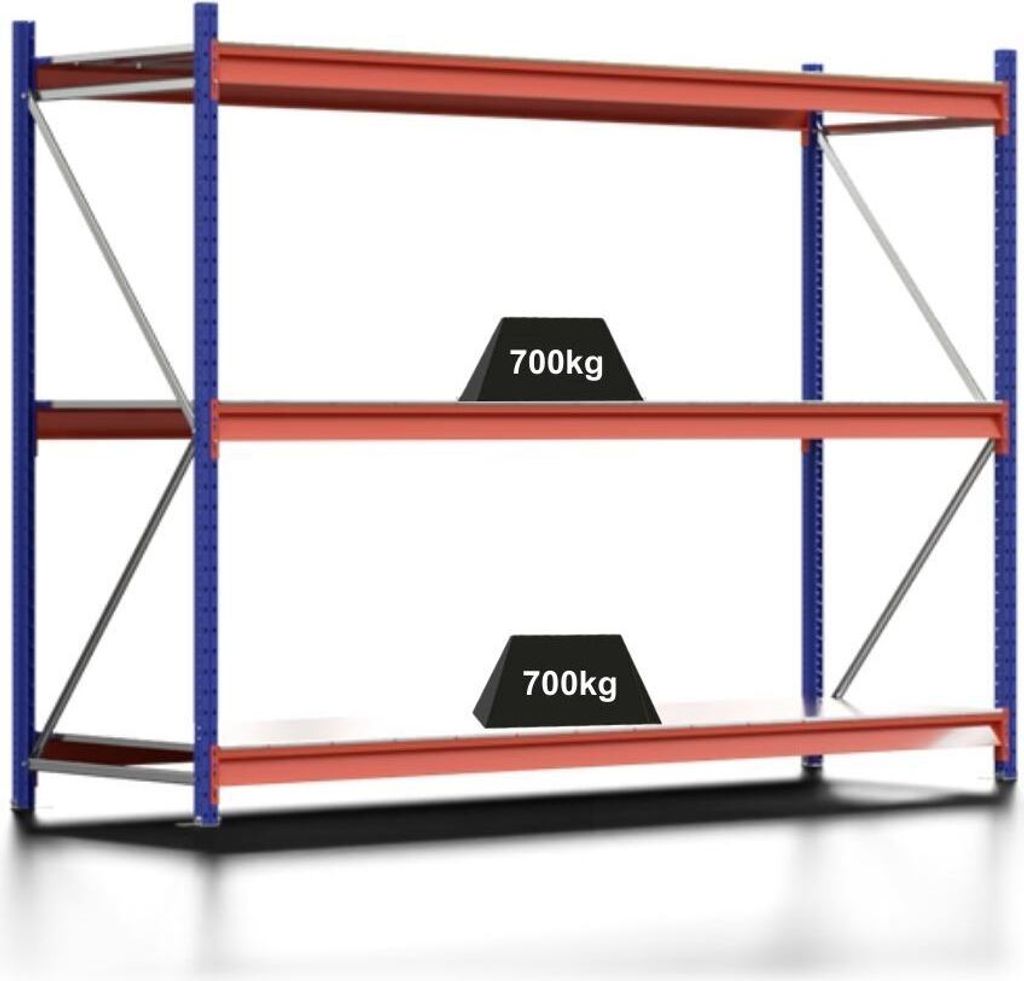 Weitspannregal MOOSE Stecksystem Omega-Profil | Grundregal | HxBxT 200x270x80cm | 3 Ebenen | Stahlplatten-Fachboden | Fachlast 700kg | Enzianblau/R...