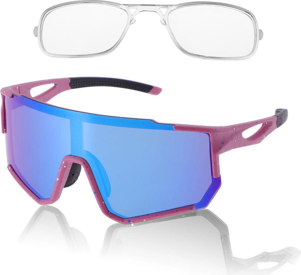 1 Set Motorradfahrbrille Blendfreie Tri-Acetyl-Cellulose PC UV400 Fahrradsonnenbrille Blaue Gläser Rosa mit Blau-Weißen Punkten Rahmen