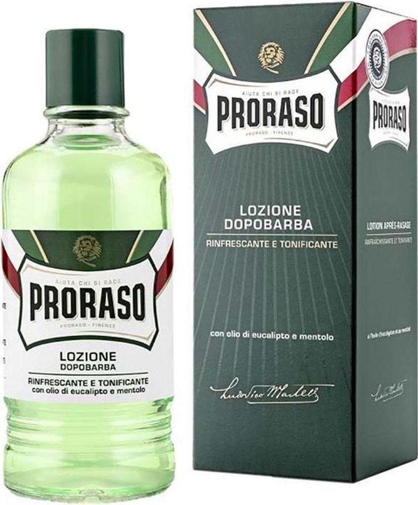 A bottle of Proraso aftershave lotion and its packaging are displayed side-by-side against a white background.