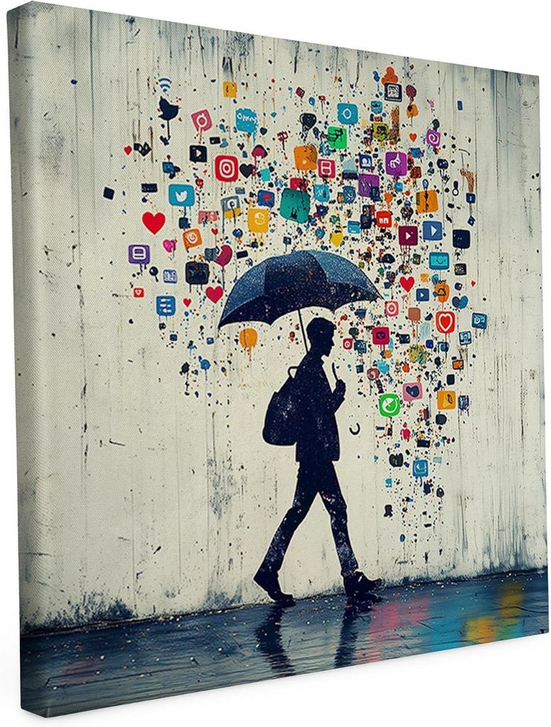 Banksy Motiv - Social Schutzschirm - 20 x 20 cm - Wandbild auf Leinwand - matter Kunstdruck - Graffiti - Street Art - 2cm Holzrahmen - Keilrahmen