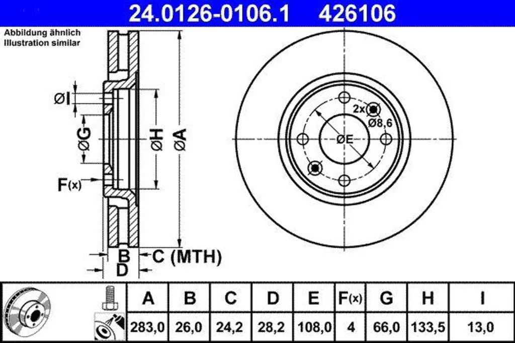 Disque de frein ATE 24.0126-0106.1 haute qualité OE 4246L8 anticorrosion