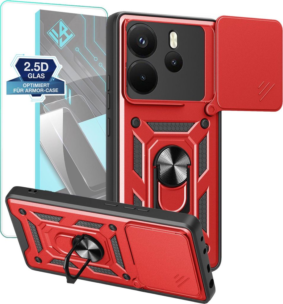Armor Handyhülle für Xiaomi Redmi Note 14 mit 9H Displayglas Displayschutz Kameraschutz Handy Panzer Case Cover Schutzhülle Outdoor Farbe: Rot