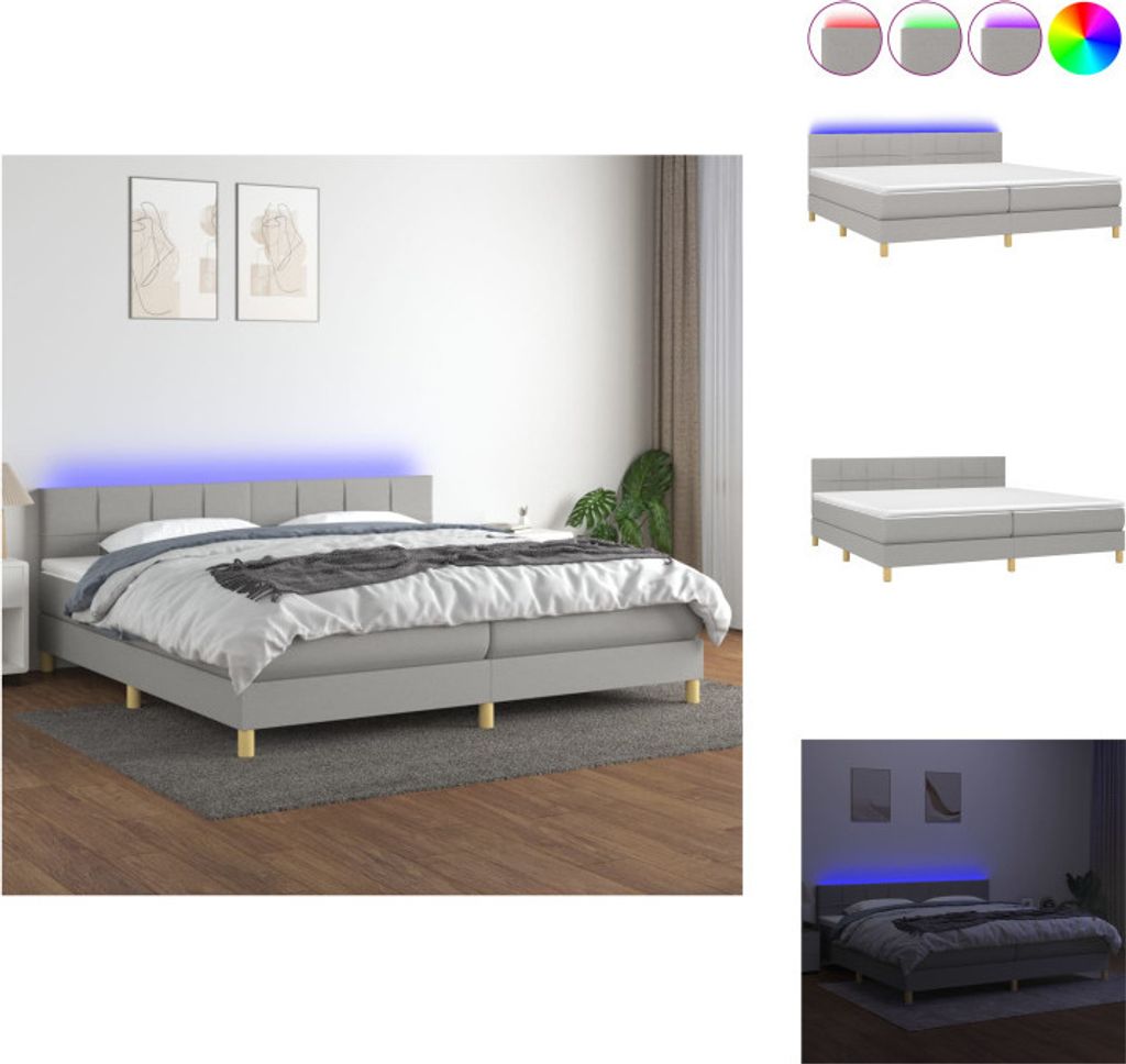 vidaXL Boxspringbett mit Matratze & LED Hellgrau 200x200 cm Stoff - Betten & Bettgestelle