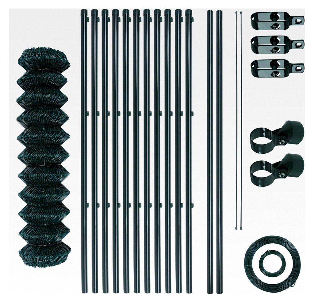 Maschendrahtzaun-Gartenzaun-Set verzinkt und grün beschichtet, Maschenweite 6 x 6 cm, Komplettset (1,25 x 25 m)