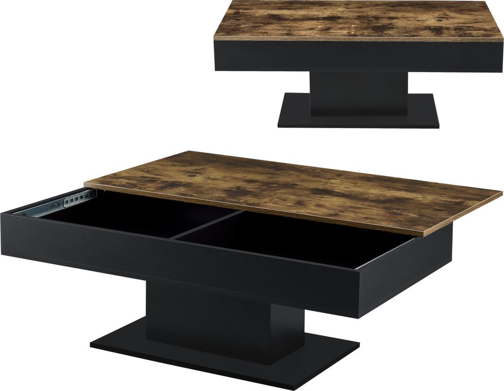 Two views of a coffee table with a wood-look top and black base, one showing the table closed and the other with the top lifted to reveal storage compartments.