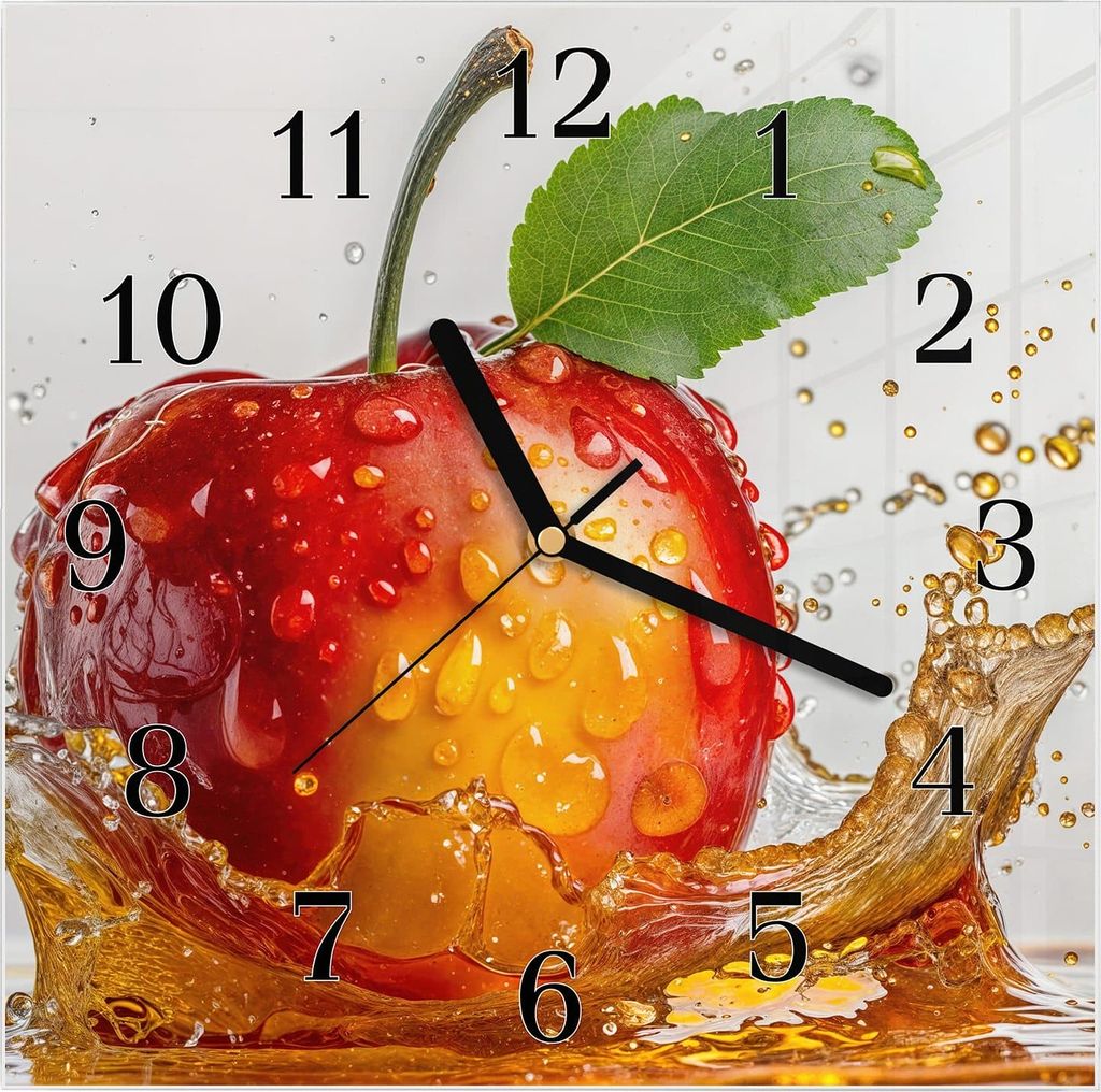 Wanduhr aus Glas mit Motiv Spritzender Apfel- 30 x 30 cm - inkl. Aufhängesystem
