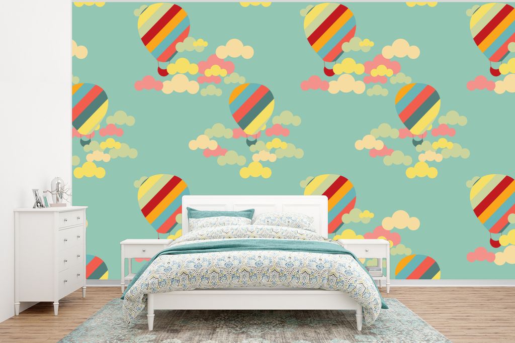 MuchoWow Fototapete für Wohnzimmer oder Schlafzimmer Wandtapete Vinyl Motivtapete Heißluftballon - Schnittmuster - Baby - 350x260 cm - Wohnzimm...