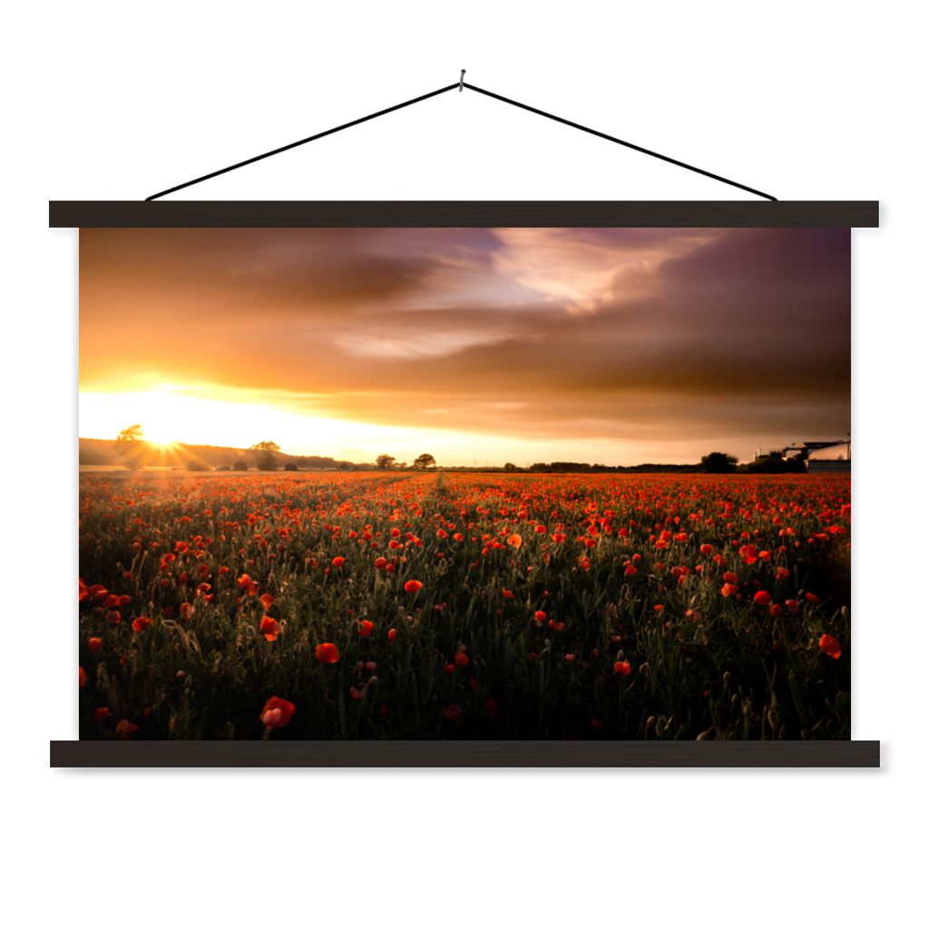 MuchoWow Textilposter Sonnenuntergang über den Mohnblumen in England 90x60 cm mit schwarzem Rahmen - Aufhängungssatz