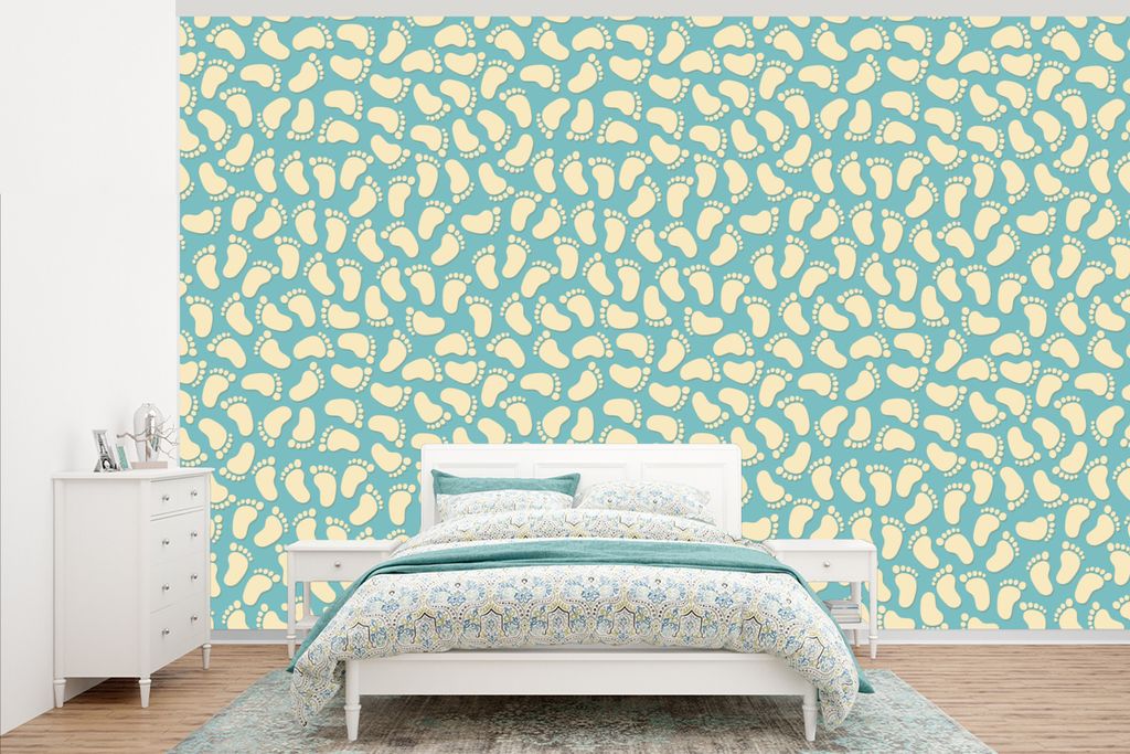 MuchoWow Fototapete für Wohnzimmer oder Schlafzimmer Wandtapete Vinyl Motivtapete Muster - Fuß - Blau - Jungen - Kinder - Kleiner Junge - 345x2...