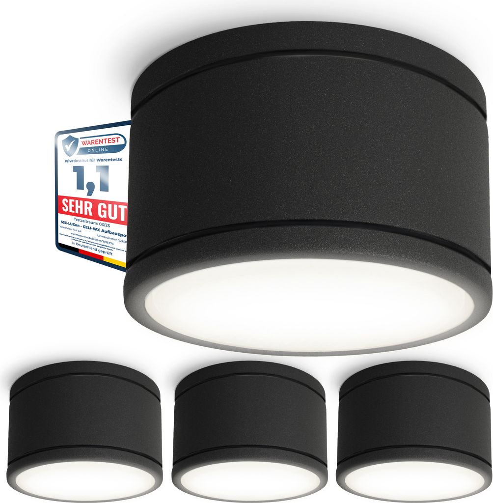 SSC-LUXon 4er Set CELI-WX Aufbau Bad Strahler schwarz mit LED Leuchtmittel neutralweiß GX53 230V - Aufbauspot IP44 Badezimmer 3W