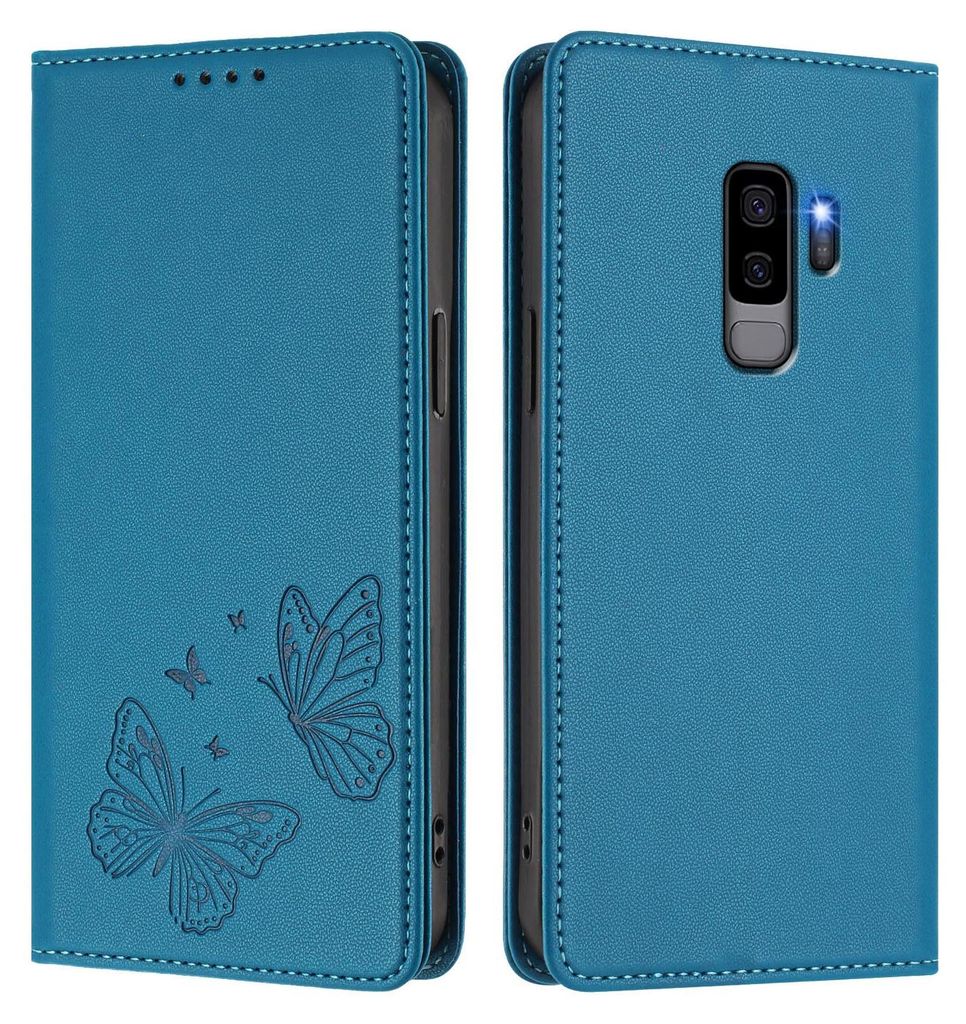 Lederhülle für Samsung Galaxy S9 Plus, Schmetterling Prägung Leder Brieftasche Schutzhülle mit Ständer Blau